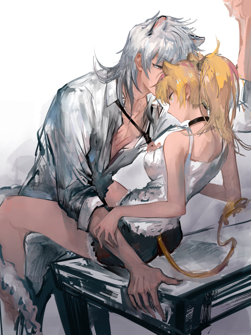 1boy 1girl animal_ear_fluff animal_ears arknights arm_support bare_arms bare_shoulders black_choker black_necktie blonde_hair breasts brown_eyes chinese_commentary choker collared_shirt commentary_request fur-trimmed_shorts fur_trim grey_shirt hetero highres leaning_forward leopard_boy leopard_ears leopard_tail lion_ears lion_girl lion_tail long_hair long_sleeves medium_breasts naijiaer necktie necktie_grab neckwear_grab on_table ponytail red_shorts scar shirt short_shorts shorts siege_(arknights) silver_hair silverash_(arknights) simple_background sitting sleeveless sleeveless_shirt table tail tank_top white_background white_shirt yellow_eyes