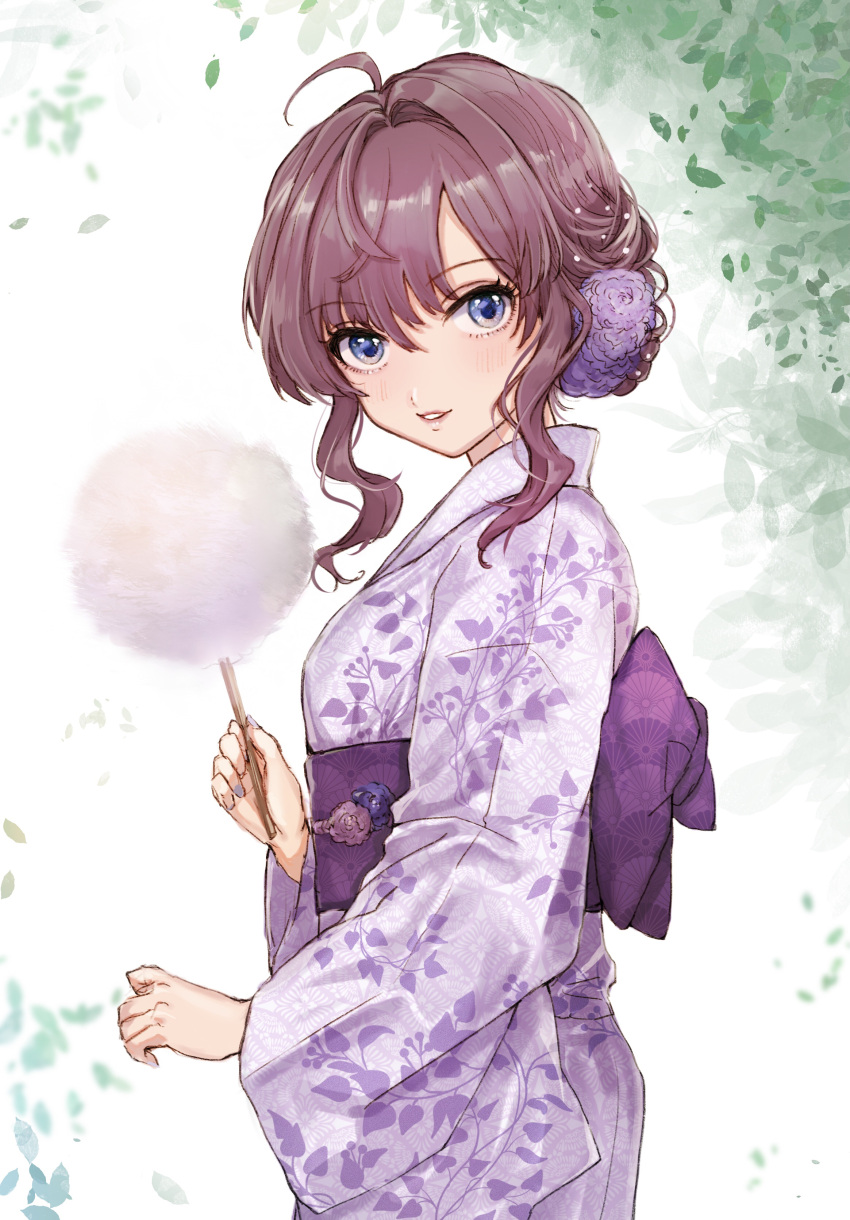 1girl absurdres ahoge blue_eyes blush cotton_candy eyebrows_visible_through_hair flower grin hair_between_eyes hair_bun hair_flower hair_ornament highres ichinose_shiki idolmaster idolmaster_cinderella_girls japanese_clothes kimono kuromitsu_maria lipstick looking_at_viewer looking_to_the_side makeup purple_hair smile solo teeth tied_hair