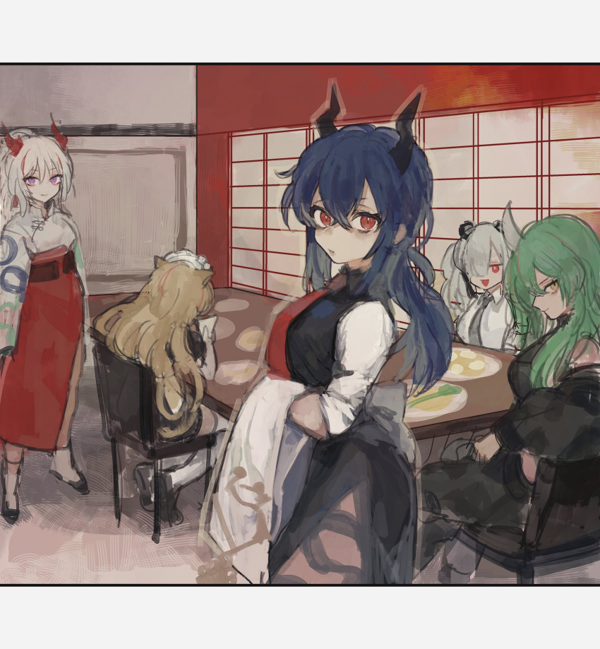 5girls alternate_costume animal_ears arknights armor black_footwear black_jacket black_neckwear black_pants black_shirt black_skirt blonde_hair blue_hair ch'en_(arknights) dragon_horns feater_(arknights) green_hair grey_hair grey_sash hair_between_eyes hair_over_one_eye hakama highres holding horns hoshiguma_(arknights) indoors jacket japanese_clothes letterboxed looking_at_viewer maid_headdress multicolored_hair multiple_girls nian_(arknights) obi off_shoulder omcxxx oni_horns open_mouth panda_ears pants parted_lips plate red_eyes red_hakama red_neckwear redhead sash shirt sideways_glance single_horn sitting sketch skirt standing streaked_hair swire_(arknights) table thigh-highs tiger_ears triangle_mouth twintails unfinished violet_eyes white_hair white_legwear white_shirt white_sleeves yellow_eyes