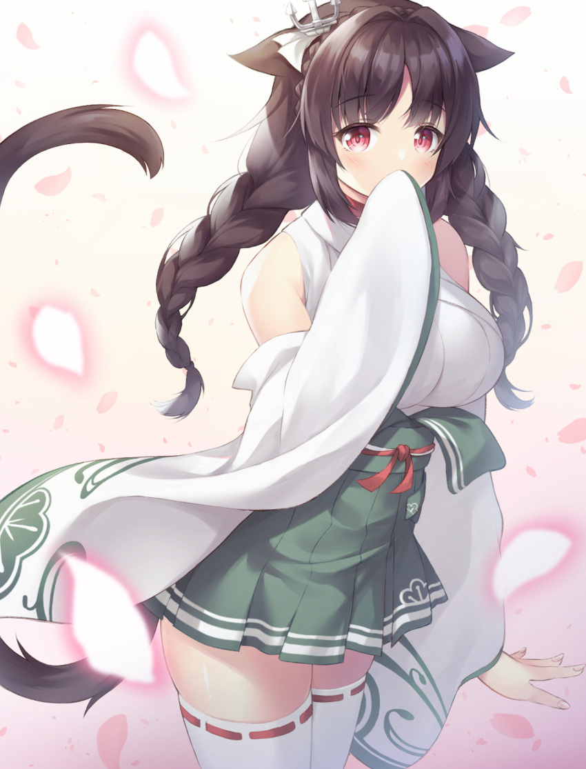 1girl animal_ears azur_lane bangs black_hair braid cat_ears cat_tail commentary_request covering_mouth detached_sleeves eyebrows_visible_through_hair eyes_visible_through_hair highres japanese_clothes kyousaki_nao long_hair looking_at_viewer low_twintails ooshio_(azur_lane) pleated_skirt red_eyes sidelocks simple_background skirt solo tail twin_braids twintails wide_sleeves