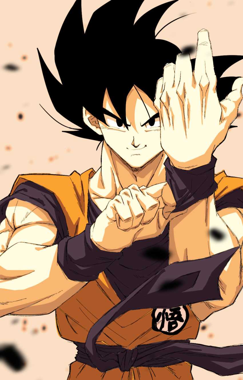 &gt;:) 1boy absurdres black_eyes black_hair dougi dragon_ball dragon_ball_z highres looking_at_viewer muscular muscular_male sekitsuki_hayato smile solo son_goku spiky_hair upper_body v-shaped_eyebrows wristband