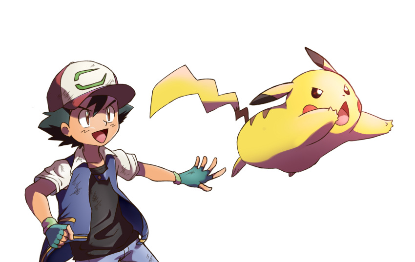 1boy 32890_(artist) :d ash_ketchum bangs baseball_cap black_hair black_shirt brown_eyes commentary fingerless_gloves gen_1_pokemon gloves green_gloves hair_between_eyes hat highres jacket male_focus open_clothes open_jacket open_mouth outstretched_arm pants pikachu pokemon pokemon_(anime) pokemon_m20 shirt short_hair short_sleeves smile t-shirt tongue