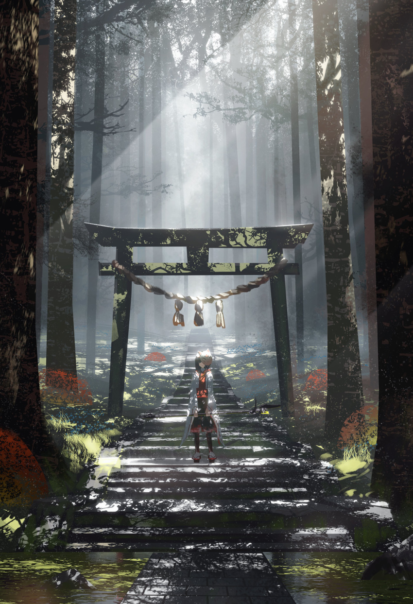 1girl absurdres asteroid_ill bangs black_hair dappled_sunlight day forest fox_mask genshin_impact hakama highres holding japanese_clothes kazari_(genshin_impact) long_sleeves mask mask_on_head miko nature outdoors red_hakama ribbon-trimmed_sleeves ribbon_trim scenery short_hair solo stairs standing sunlight tabi torii tree wide_sleeves zouri