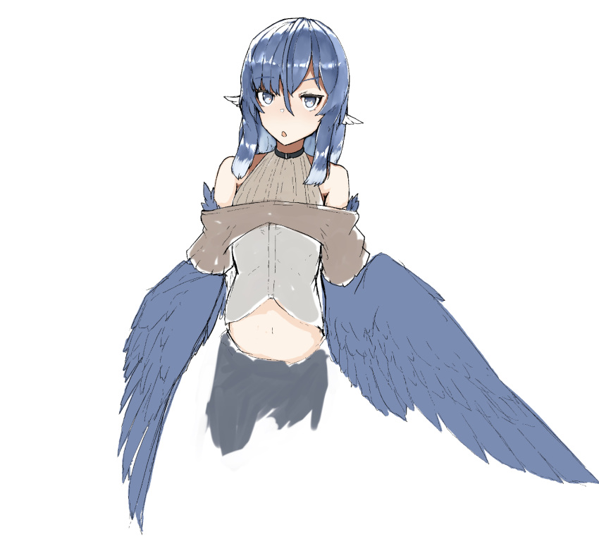 1girl animal_ears bangs bare_shoulders bird_ears blue_feathers blue_hair blue_wings choker commentary_request eyebrows_visible_through_hair feathered_wings feathers grey_eyes hair_between_eyes harpy highres long_hair midriff miura_(rnd.jpg) monster_girl navel open_mouth original rnd.jpg sidelocks simple_background sketch sleeveless solo white_background winged_arms wings