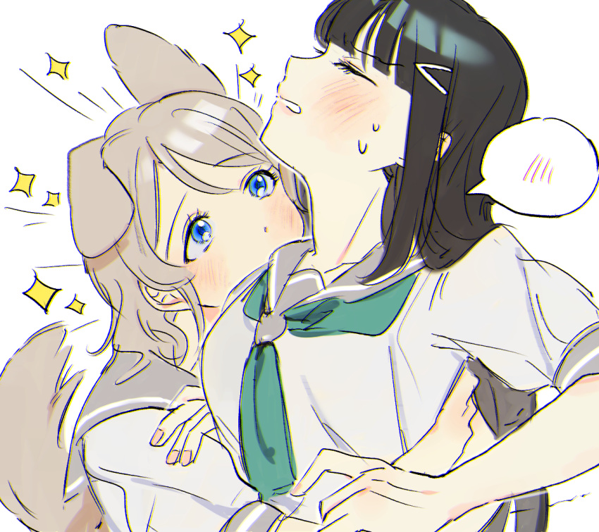 2girls animal_ears black_hair blue_eyes blush closed_eyes commentary_request hug kurosawa_dia light_brown_hair long_hair love_live! love_live!_sunshine!! medium_hair multiple_girls r02ig spoken_blush sweat tail tail_wagging watanabe_you yuri