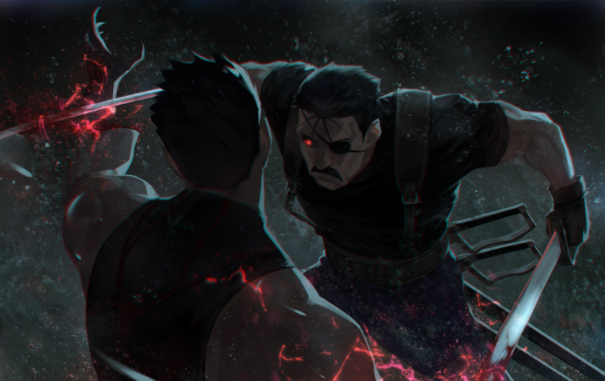 2boys battle black_gloves black_hair black_shirt blood commentary dual_wielding eyepatch facial_hair fullmetal_alchemist gloves glowing glowing_eye greed_(fma) highres holding holding_sword holding_weapon jhc_kai king_bradley male_focus multiple_boys muscular muscular_male mustache pants red_eyes severed_hand shirt short_hair short_sleeves sleeveless sleeveless_shirt suspenders sword weapon