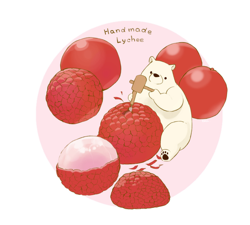 bear chai english_text food fruit lychee mallet no_humans original pink_background polar_bear simple_background