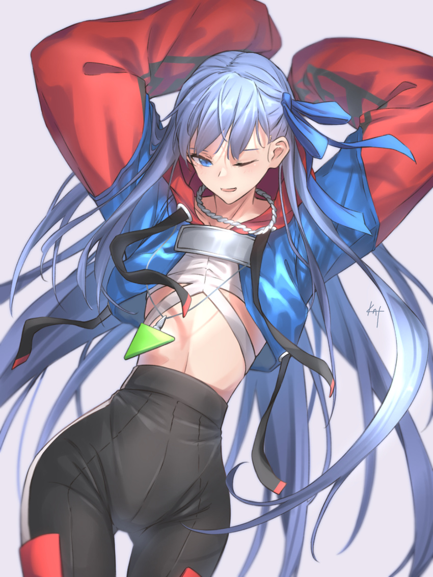 1girl arms_up bangs black_pants blue_eyes blue_jacket blue_ribbon blush breasts cropped_jacket fate/extra fate/extra_ccc fate/grand_order fate_(series) full_body hair_ribbon heroic_spirit_tour_outfit highres jacket jewelry knt02142769 long_hair long_sleeves looking_at_viewer meltryllis_(fate) navel necklace one_eye_closed open_mouth pants purple_hair ribbon sleeves_past_fingers sleeves_past_wrists small_breasts smile solo thighs very_long_hair