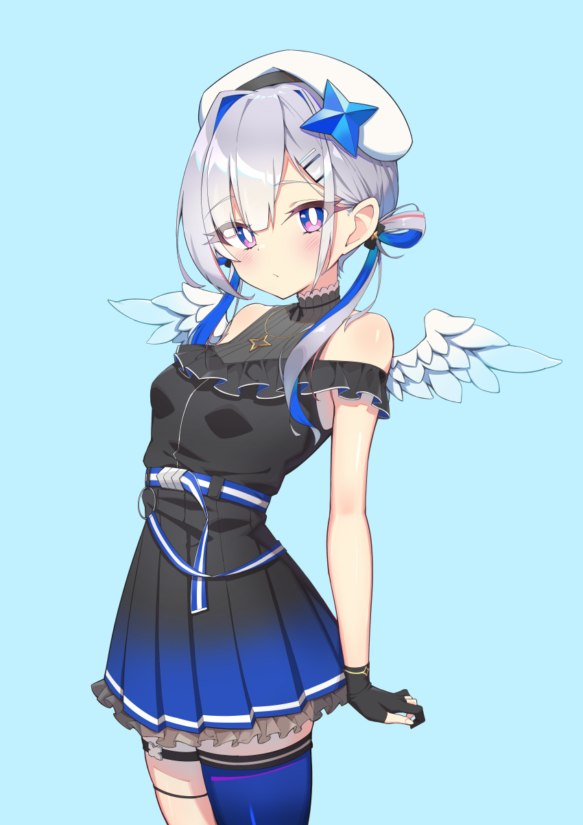 1girl absurdres amane_kanata angel_wings asymmetrical_bangs asymmetrical_hair asymmetrical_legwear bangs bare_shoulders belt beret blue_hair blush bob_cut bow colored_inner_hair dress eyebrows_visible_through_hair feathered_wings frilled_dress frills gloves gradient gradient_wings hair_ornament hair_over_one_eye hair_rings hairclip hat highres hololive jewelry long_hair looking_at_viewer low_twintails mini_wings multicolored multicolored_hair multicolored_wings necklace partially_fingerless_gloves pink_hair pleated_dress quarterlift silver_hair single_hair_intake sleeveless sleeveless_dress solo star_(symbol) star_necklace streaked_hair twintails uneven_legwear violet_eyes virtual_youtuber wings