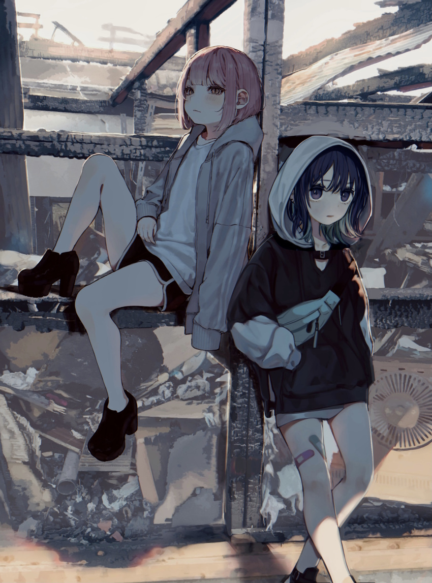 2girls absurdres aqua_hair bandaid blue_hair bob_cut colored_inner_hair daluto_(hitomi555) hands_in_pockets highres hood hood_up hoodie multicolored_hair multiple_girls original pink_hair platform_footwear platform_heels rubble ruins short_hair short_shorts shorts sitting standing