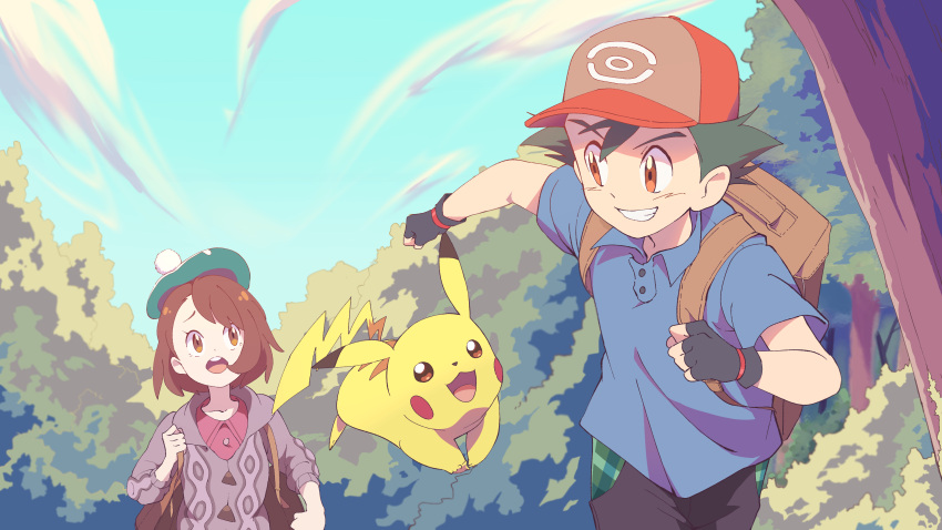 1boy 1girl 32890_(artist) absurdres ash_ketchum backpack bag bangs baseball_cap black_gloves blue_shirt bob_cut brown_bag brown_eyes brown_hair bush buttons cable_knit cardigan clouds collared_dress collared_shirt commentary_request day dress fingerless_gloves gen_1_pokemon gloria_(pokemon) gloves green_hair green_headwear grey_cardigan grin hat highres hooded_cardigan open_mouth outdoors pants pikachu pink_dress plaid pokemon pokemon_(anime) pokemon_(creature) pokemon_(game) pokemon_swsh raised_eyebrows red_headwear shirt short_hair short_sleeves sky smile tam_o'_shanter teeth tongue tree upper_teeth