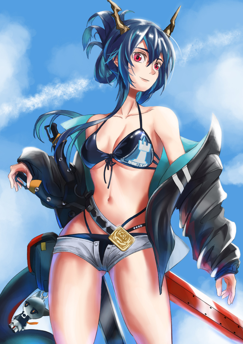 1girl absurdres arknights bangs bare_shoulders bikini black_bikini black_jacket blue_hair blue_sky ch'en_(arknights) ch'en_the_holungday_(arknights) chi_xiao_(arknights) clouds commentary_request cowboy_shot day dragon_horns folded_ponytail front-tie_bikini front-tie_top gelibo grey_shorts hair_between_eyes highres horns jacket keychain long_hair long_sleeves looking_at_viewer micro_shorts navel off_shoulder open_clothes open_fly open_jacket red_eyes shorts sky smile solo standing stomach swimsuit sword thighs weapon