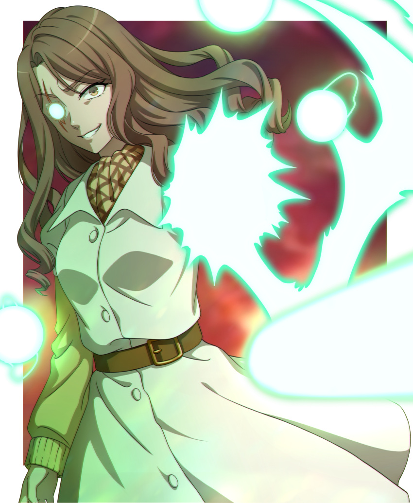 1girl amputee anime_coloring artificial_eye belt border breasts brown_belt brown_eyes brown_hair brown_neckwear brown_shirt coat commentary_request curly_hair energy energy_ball glowing glowing_eye grin highres looking_at_viewer mechanical_eye medium_breasts mugino_shizuri scar scar_across_eye shirt short_sleeves smile solo suamaro toaru_kagaku_no_railgun toaru_majutsu_no_index white_border white_coat