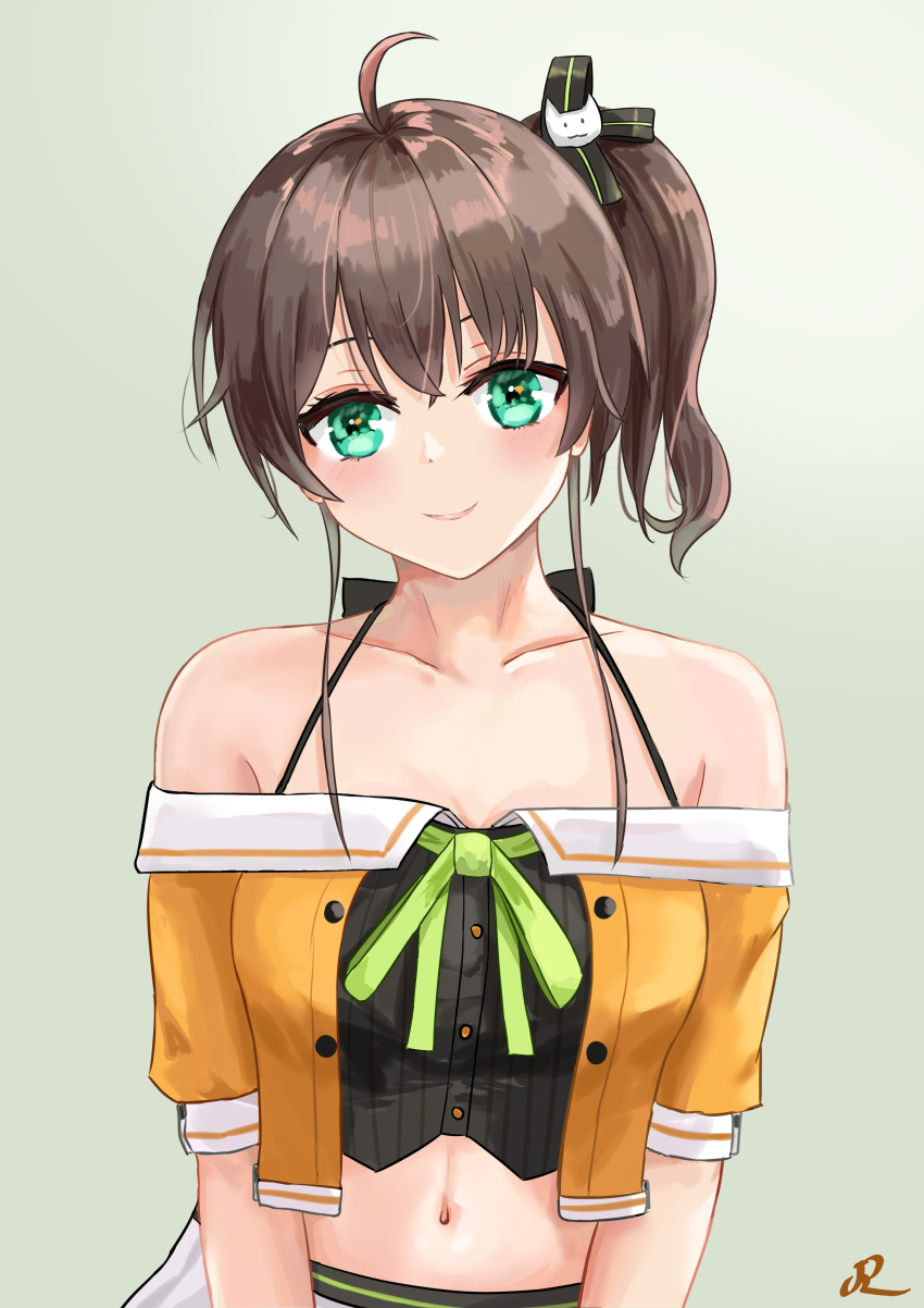 1girl absurdres ahoge bow brown_hair cat_hair_ornament crop_top eyelashes green_background green_eyes hair_bow hair_ornament highres hololive lips long_hair looking_at_viewer natsuiro_matsuri navel open_clothes open_shirt raiiniichts side_ponytail signature simple_background skirt smile solo spaghetti_strap striped striped_bow upper_body virtual_youtuber