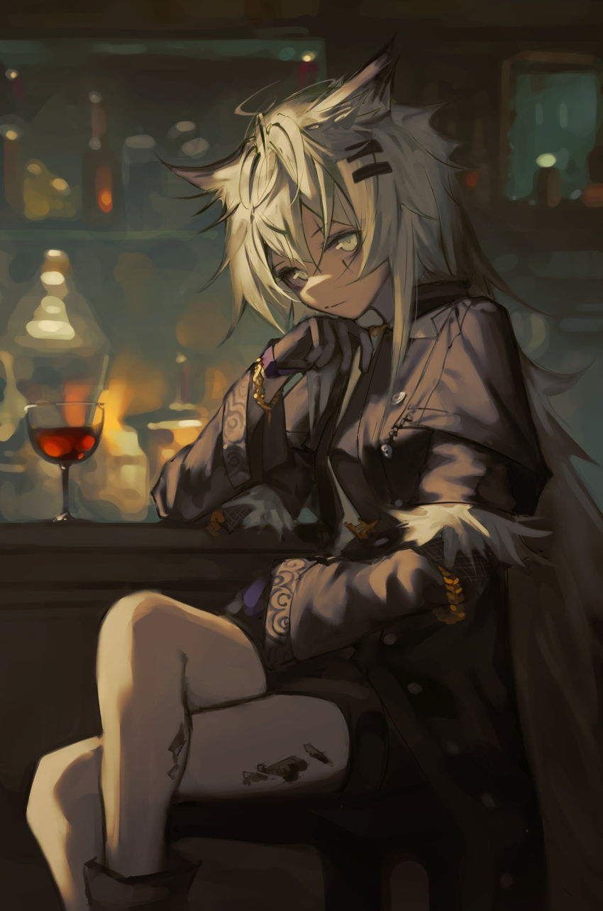 1girl animal_ears arknights bangs closed_mouth crossed_legs drink gloves hand_on_own_chin highres lappland_(arknights) lappland_(refined_horrormare)_(arknights) long_hair long_sleeves official_alternate_costume oripathy_lesion_(arknights) shorts silver_hair sitting solo veilrain wolf_ears