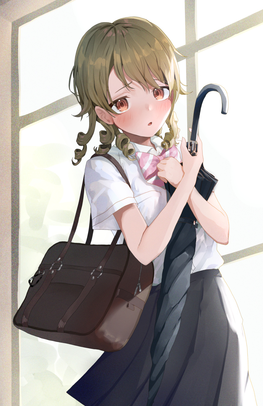 1girl absurdres bag black_skirt bow bowtie brown_eyes commentary_request drill_hair film_grain highres idolmaster idolmaster_cinderella_girls light_brown_hair long_hair looking_at_viewer morikubo_nono ningen_mame pleated_skirt school_bag school_uniform shirt short_sleeves skirt solo umbrella white_shirt window