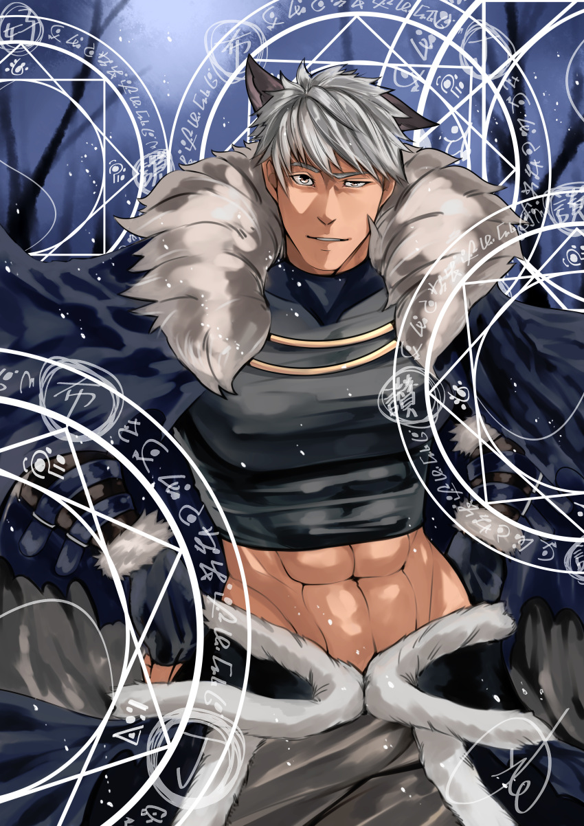 1boy absurdres animal_ears bangs black_gloves black_shirt blue_cape brown_eyes cape cat_ears commentary_request covered_nipples cowboy_shot crop_top fingerless_gloves fur-trimmed_cape fur_cape fur_trim gloves grey_hair grey_pants highres large_pectorals looking_at_viewer magic_circle muscular muscular_male official_alternate_costume pants parted_lips pectorals pupuddddy ragnarok_online shadow_chaser_(ragnarok_online) shirt short_hair solo waist_cape