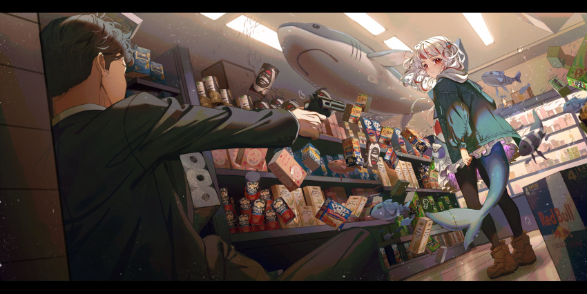 1girl absurdres aiming aisle bangs blue_eyes blue_hair blunt_bangs box convenience_store daikazoku63 fish fish_tail food formal gawr_gura gun highres hololive hololive_english hood indoors jacket long_hair looking_at_another multicolored_hair oatmeal paper_towel pop_tart product_placement quaker_oats_company red_bull redhead revolver shark shark_tail shop silver_hair snack streaked_hair suit tail virtual_youtuber weapon white_hair