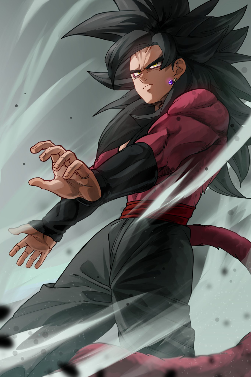 1boy black_hair black_pants character_request check_character dragon_ball dragon_ball_gt earrings feet_out_of_frame highres jewelry long_hair male_focus mo_(db_momo_gb) monkey_boy monkey_tail muscular muscular_male pants red_fur solo son_goku spiky_hair super_saiyan super_saiyan_4 tail yellow_eyes