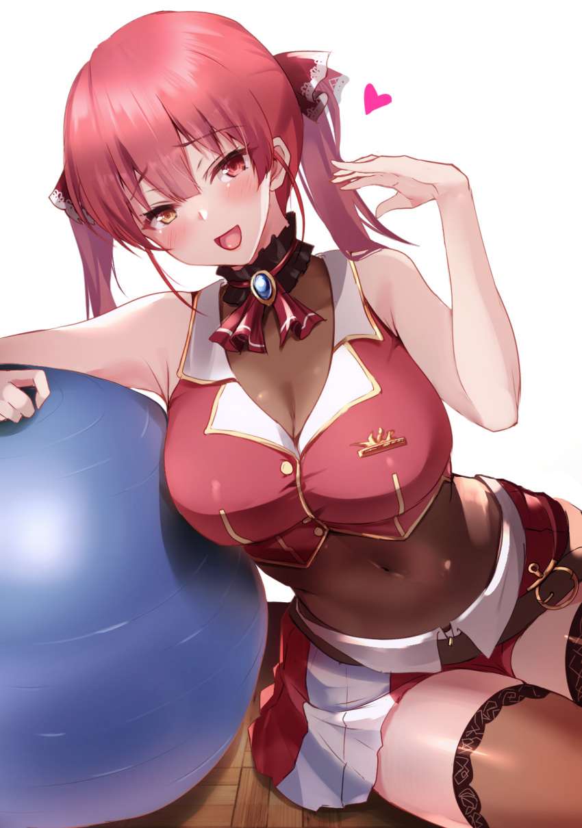 1girl :d ascot blush breasts brown_legwear commentary_request covered_navel hair_ribbon heart highres hololive houshou_marine kurenai_(kurenai_pso) large_breasts looking_at_viewer open_mouth red_eyes red_neckwear red_skirt redhead ribbon short_hair simple_background skirt smile solo thigh-highs thighs twintails two-tone_skirt virtual_youtuber white_background white_skirt yellow_eyes