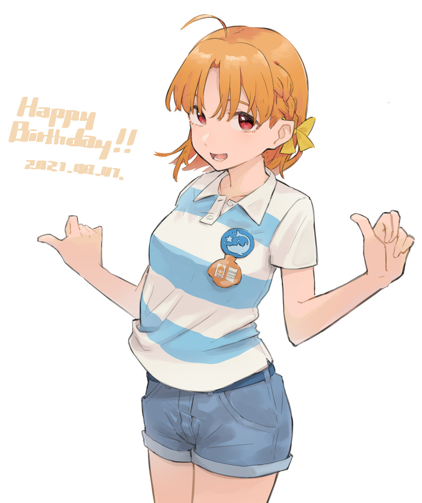 1girl absurdres ahoge bangs bare_arms belt birthday blue_shirt bow braid collarbone collared_shirt commentary_request cowboy_shot dated denim denim_shorts english_text hair_bow hands_up happy_birthday highres irenji looking_at_viewer love_live! love_live!_sunshine!! lower_teeth medium_hair open_mouth orange_hair red_eyes shirt short_sleeves shorts side_braid simple_background solo striped striped_shirt takami_chika white_background white_shirt yellow_bow