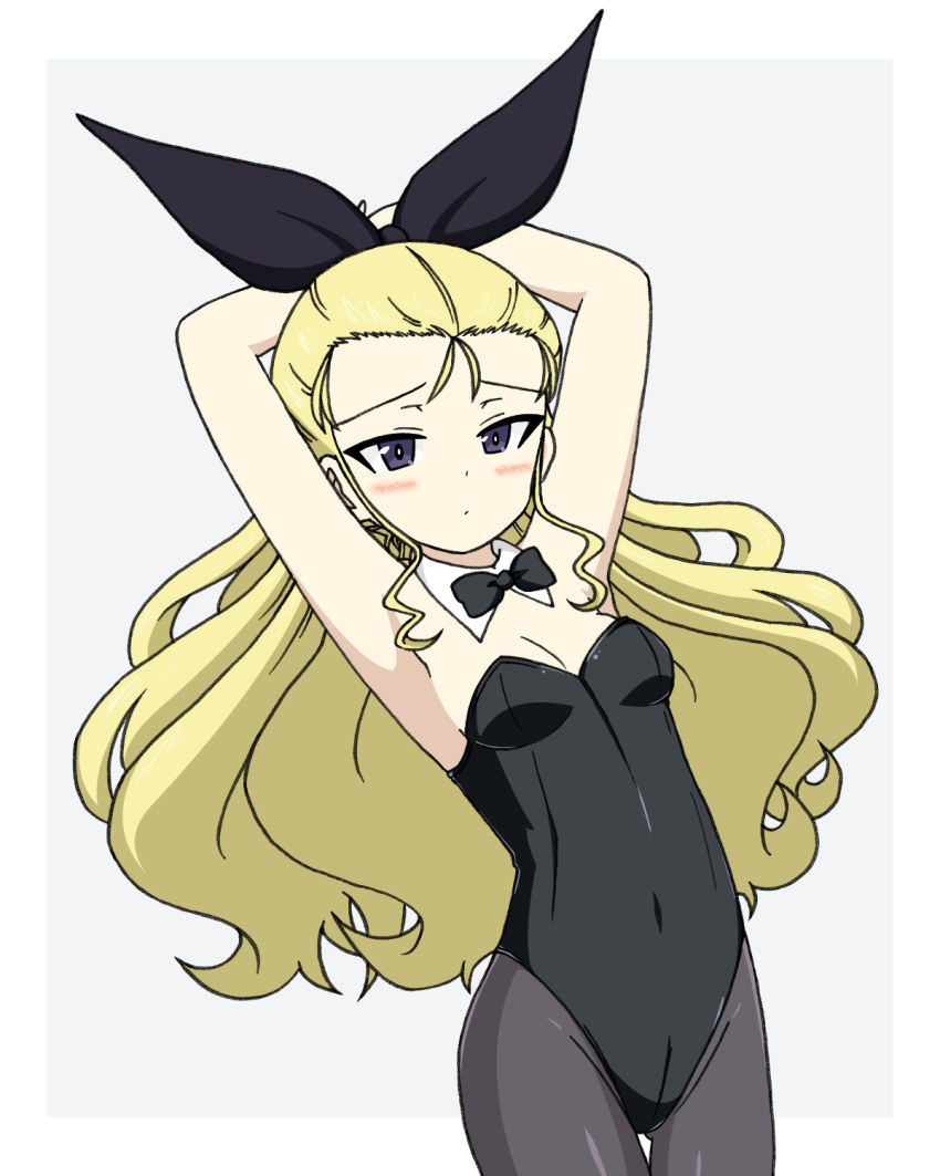 1girl alternate_costume animal_ears arm_behind_back arms_behind_head arms_up assam_(girls_und_panzer) black_bow black_bowtie black_leotard black_ribbon blonde_hair blue_eyes blush border bow bowtie breasts closed_mouth collar commentary covered_navel cowboy_shot detached_collar fake_animal_ears girls_und_panzer grey_background hair_pulled_back hair_ribbon half-closed_eyes highres ichinose_jun leotard light_frown long_hair looking_at_viewer outside_border pantyhose playboy_bunny rabbit_ears ribbon simple_background small_breasts solo standing strapless strapless_leotard thigh_gap white_border white_collar