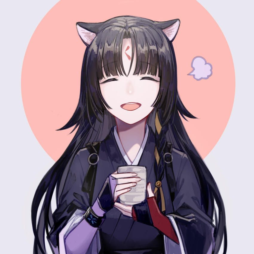 1girl absurdres animal_ears arknights bangs black_hair black_kimono blunt_bangs closed_eyes cup dog_ears dog_girl highres infection_monitor_(arknights) japanese_clothes kimono long_hair miike_(992058) open_mouth parted_bangs saga_(arknights) solo steam yunomi
