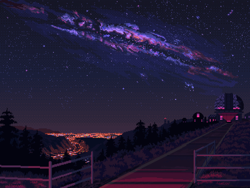 animated city_lights kldpxl night night_sky no_humans observatory original path pixel_art railing scenery shooting_star sky star_(sky) tree