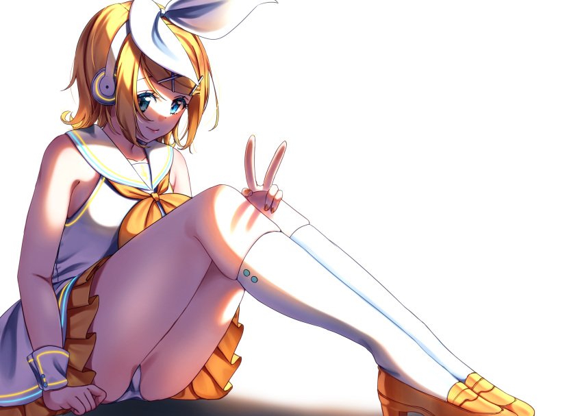 1girl absurdres bangs blonde_hair blue_eyes bow bow_hairband closed_mouth collared_shirt hair_bow hair_ornament hairband hairclip hand_on_own_knee headphones highres inu8neko kagamine_rin kneehighs miniskirt nail_polish orange_nails orange_neckwear orange_skirt pleated_skirt sailor_collar sailor_shirt shirt short_hair simple_background sitting skirt sleeveless sleeveless_shirt smile solo swept_bangs v vocaloid white_background white_bow white_hairband white_legwear white_sailor_collar white_shirt wrist_cuffs x_hair_ornament yellow_footwear