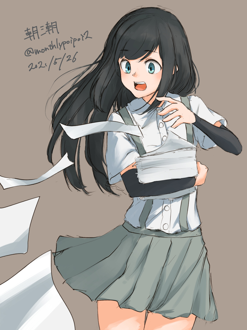 1girl absurdres arm_warmers asashio_(kancolle) black_hair black_legwear blue_eyes character_name commentary cowboy_shot dated grey_background grey_skirt highres kantai_collection long_hair open_mouth paper shirt short_sleeves simple_background skirt solo standing suspender_skirt suspenders thigh-highs twitter_username umibudou upper_teeth white_shirt