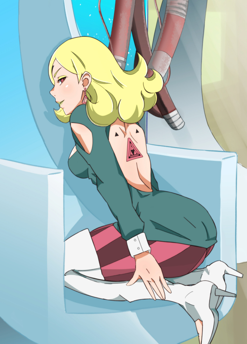 1girl ass blonde_hair boots boruto:_naruto_next_generations boruto:_naruto_the_movie delta_(boruto) earrings from_behind highres hiropon_(hjxp2347) jewelry long_hair looking_at_viewer looking_back naruto naruto_(series) pantyhose red_eyes smile solo thigh-highs thigh_boots white_footwear