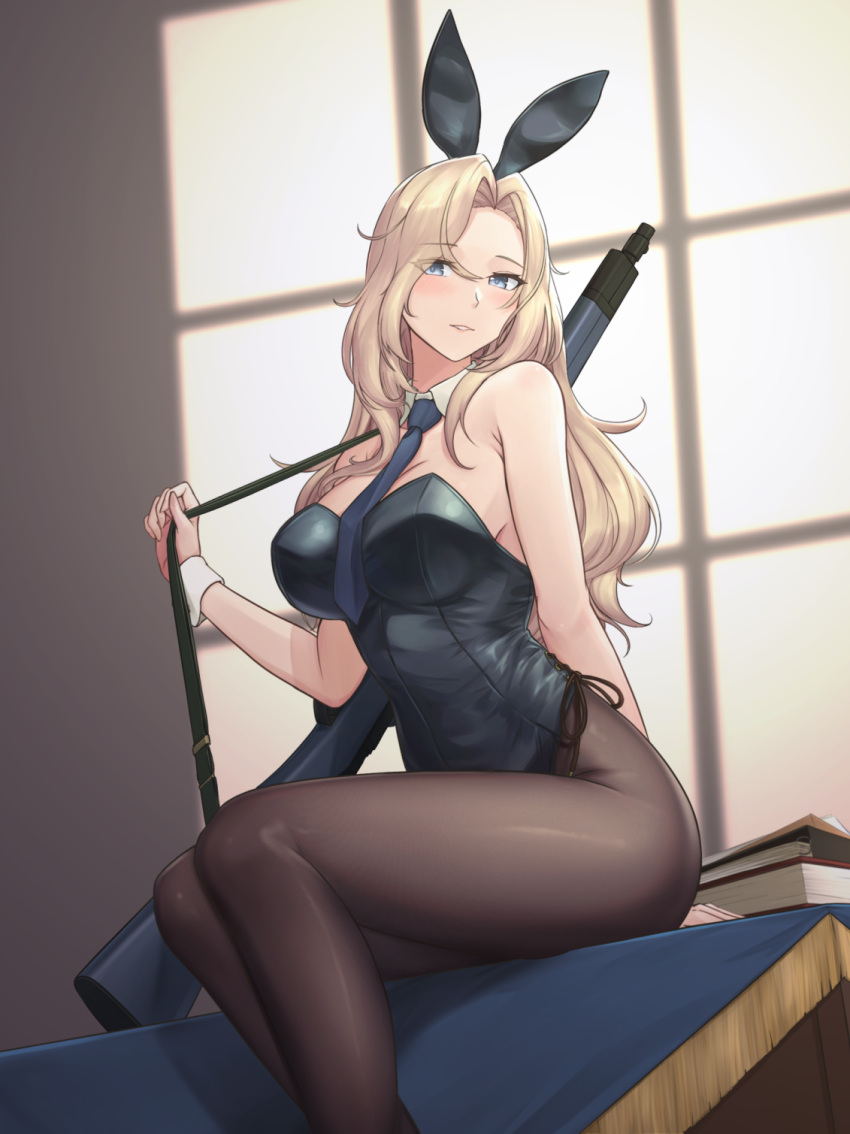 1girl animal_ears black_leotard black_neckwear blonde_hair breasts collar detached_collar fake_animal_ears grey_eyes gun highres hornet_(kancolle) kantai_collection large_breasts leotard long_hair necktie odachu pantyhose playboy_bunny rabbit_ears rifle sitting sitting_on_table sleeveless smile weapon white_collar wrist_cuffs