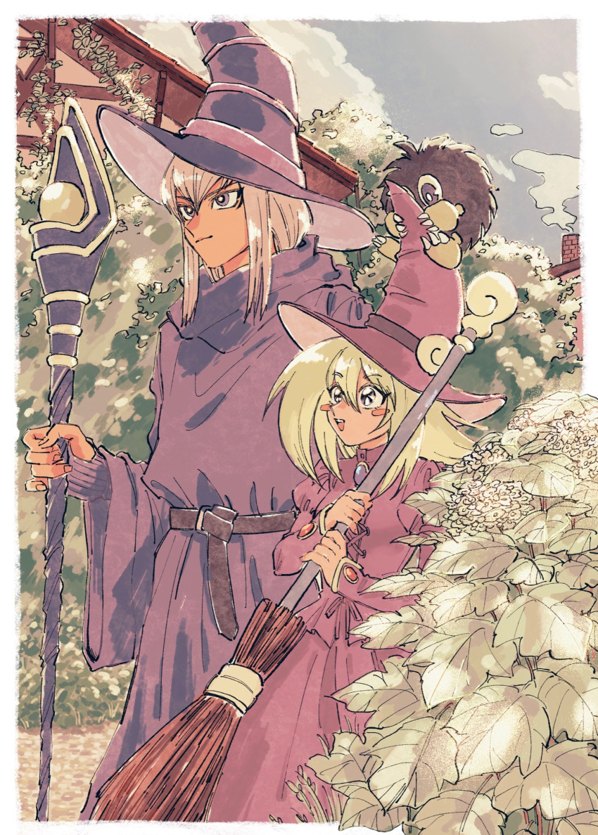 1boy 1girl alternate_costume alternate_hairstyle blonde_hair blush_stickers broom creature dark_magician dark_magician_girl duel_monster hair_between_eyes hat highres holding holding_broom holding_staff kuriboh looking_at_another looking_to_the_side mage morijio_(pnpn_no_mm) purple_hair smile staff tree wizard_hat yu-gi-oh!