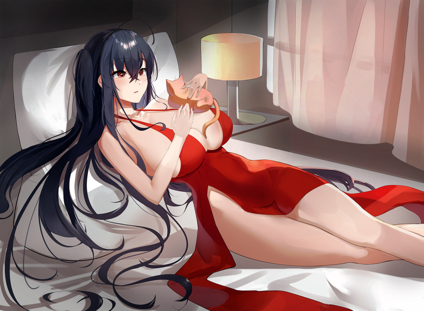 1girl azur_lane black_hair breasts cat cat_on_person center_opening cocktail_dress dress evening_gown halter_dress halterneck huge_breasts indoors lamp long_hair lying manu_(pixiv41646715) official_alternate_costume on_back on_bed red_dress red_eyes sleeveless sleeveless_dress taihou_(azur_lane) taihou_(forbidden_feast)_(azur_lane) very_long_hair