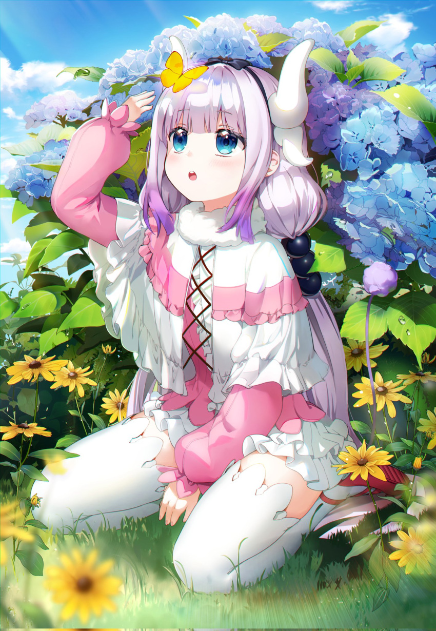 1girl :o bangs black_hairband blue_eyes blue_sky blunt_bangs bug butterfly clouds commentary_request day dragon_girl dragon_horns eyebrows_visible_through_hair flower grass hairband highres horns insect kanna_kamui kobayashi-san_chi_no_maidragon long_hair long_sleeves looking_at_animal looking_up low_twintails pink_hait sitting sky solo tail thigh-highs thighs ttorong twintails wariza white_legwear