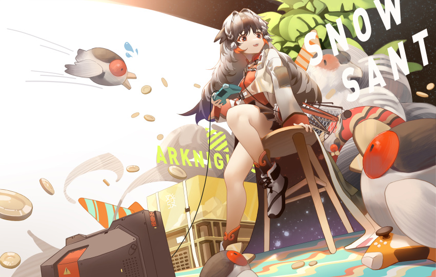 1girl :d absurdres arknights bird black_hair character_name coin commentary_request controller copyright_name game_controller highres holding holding_controller holding_game_controller jacket knee_up long_hair multicolored_hair open_mouth orange_eyes orange_shirt red_eyes river_(river_ga) shirt shoes simple_background sitting smile snowsant_(arknights) solo stool television upper_body white_background white_footwear white_hair white_jacket