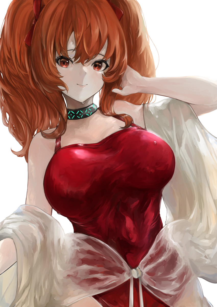 1girl absurdres angelina_(arknights) angelina_(summer_flowers)_(arknights) arknights blush breasts closed_mouth highres kajuu large_breasts looking_at_viewer medium_hair official_alternate_costume red_eyes red_swimsuit redhead simple_background spaghetti_strap swimsuit
