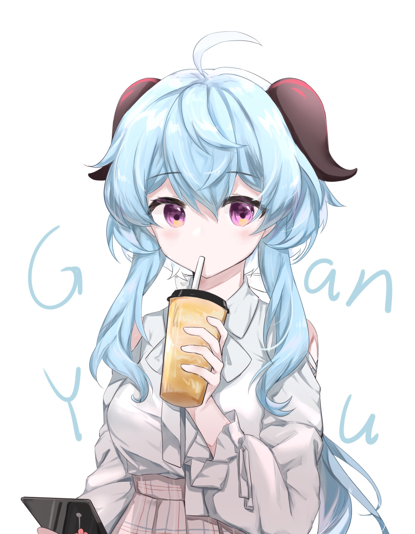 1girl absurdres ahoge bangs blue_hair breasts bubble_tea casual cellphone centy cup drinking drinking_straw drinking_straw_in_mouth eyebrows_visible_through_hair ganyu_(genshin_impact) genshin_impact goat_horns highres holding holding_cup horns long_hair medium_breasts phone solo very_long_hair violet_eyes white_background
