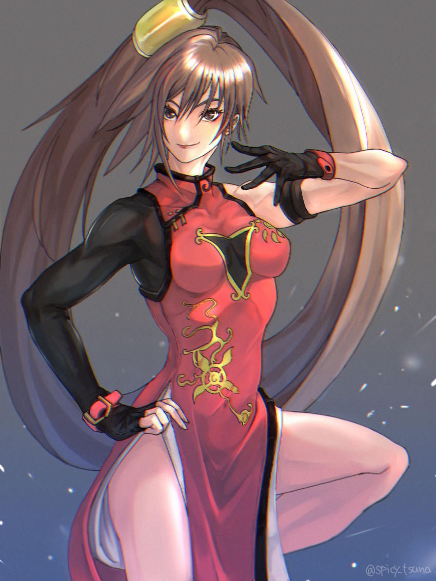 1girl artist_name bangs bare_shoulders breasts brown_eyes brown_hair china_dress chinese_clothes closed_mouth commentary dress fingerless_gloves gloves gradient gradient_background grey_background guilty_gear guilty_gear_strive hair_ornament hair_ring hand_on_hip highres kuradoberi_jam lips long_hair looking_at_viewer medium_breasts shiny shiny_hair signature simple_background smile solo thighs tied_hair tsuna_(akmu8832) twintails very_long_hair
