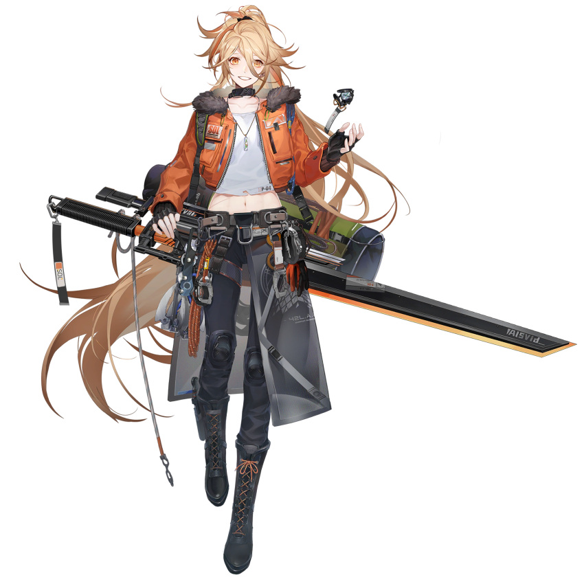 1girl belt black_gloves black_pants blonde_hair boots carabiner choker collarbone compass cropped_jacket fingerless_gloves full_body fur-trimmed_jacket fur_trim girls_frontline girls_frontline_neural_cloud gloves grin highres huge_weapon jacket jewelry knee_pads long_hair looking_at_viewer messy_hair midriff navel necklace official_art open_clothes open_jacket orange_jacket pants ponytail rope scar_on_stomach shirt smile sol_(girls_frontline_nc) solo sword t-shirt transparent_background very_long_hair weapon white_shirt yellow_eyes
