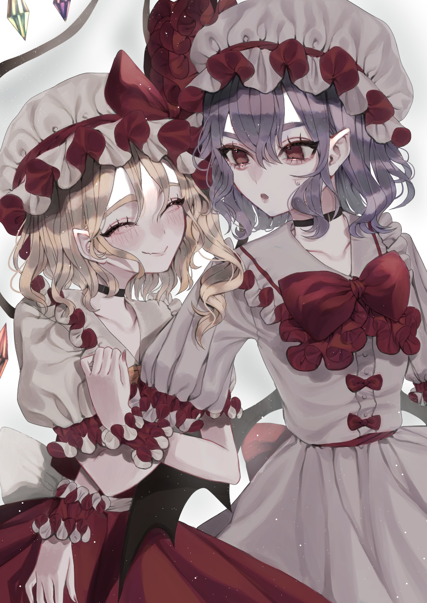 2girls :&gt; :o absurdres back_bow bangs bat_wings black_choker blonde_hair blush bow bowtie buttons choker closed_eyes collarbone commentary_request cowboy_shot crystal dress eyebrows_behind_hair eyelashes fang fang_out flandre_scarlet flat_chest frilled_shirt_collar frills gradient gradient_background grey_background hair_behind_ear hair_between_eyes hat hat_bow highres looking_at_another medium_hair mob_cap multiple_girls nail_polish open_mouth pink_dress pointy_ears puffy_short_sleeves puffy_sleeves purple_hair red_bow red_eyes red_nails red_neckwear red_skirt red_vest remilia_scarlet short_sleeves siblings simple_background sisters skin_fang skirt touhou vest white_headwear wings wrist_cuffs yellow_bow yellow_neckwear zabu_rou