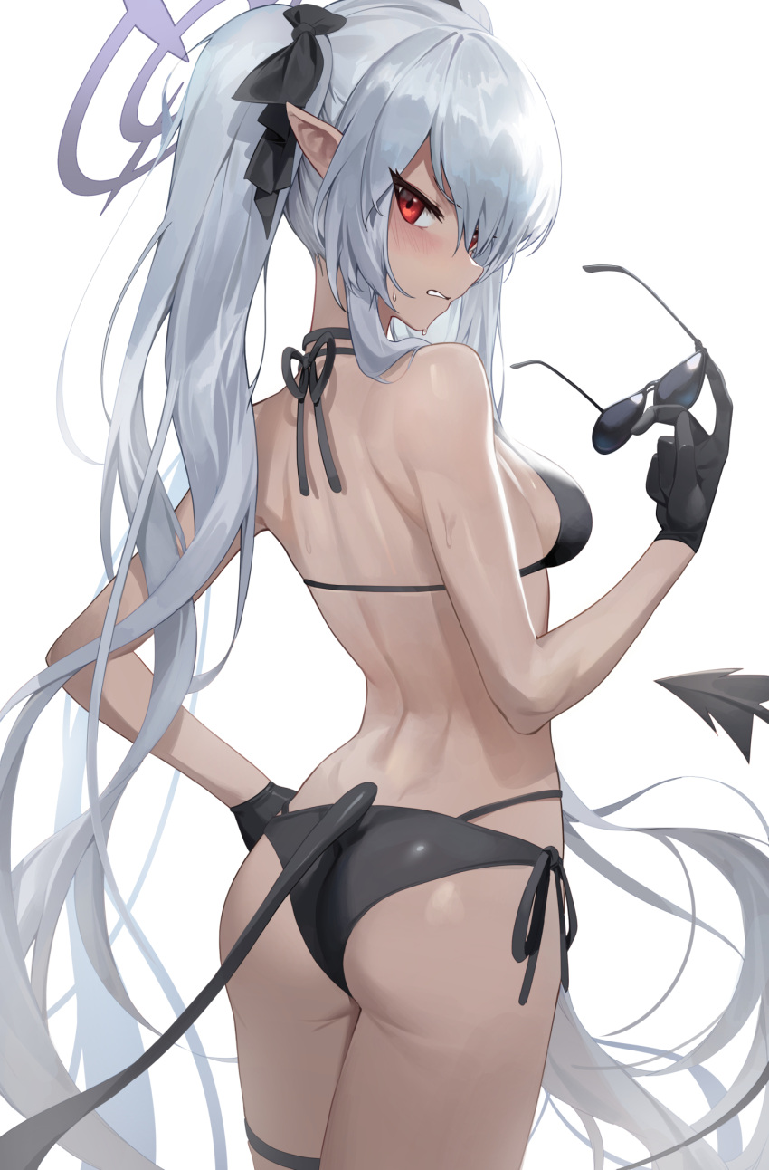 1girl ass back bare_back bare_shoulders bikini black_bikini black_gloves blue_archive breasts demon_tail from_behind gloves halo highres holding iori_(blue_archive) long_hair looking_at_viewer multi-strapped_bikini pointy_ears red_eyes side-tie_bikini simple_background small_breasts solo ssangbong-llama sunglasses swimsuit tail twintails very_long_hair white_background