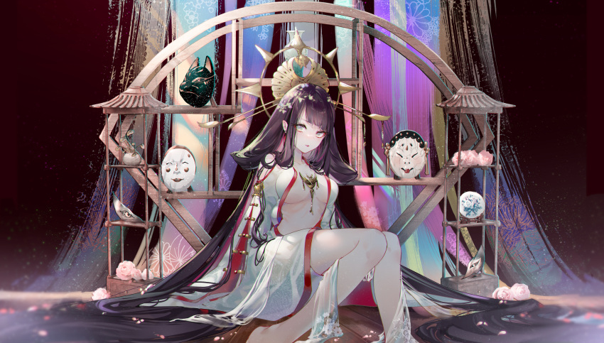 1girl absurdly_long_hair absurdres bangs black_hair blunt_bangs breasts commentary_request english_commentary feet_out_of_frame flower fox_mask grey_eyes hair_ornament highres japanese_clothes kimono kinokohime knees_together_feet_apart large_breasts long_hair long_sleeves looking_at_viewer mask mask_removed menreiki midriff mixed-language_commentary onmyoji onmyouji open_clothes open_kimono orb parted_lips pink_flower pink_rose plant potted_plant revision rose sidelocks sitting solo very_long_hair white_kimono wooden_floor