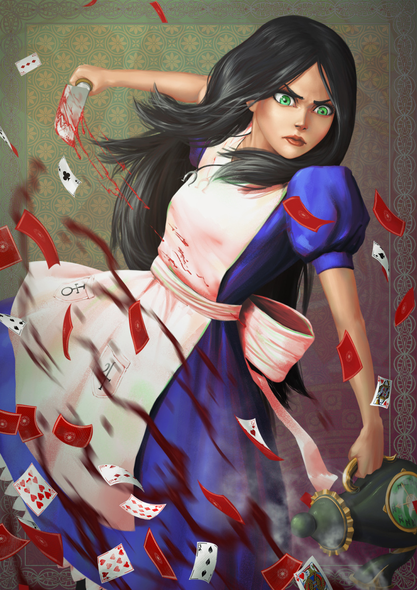 1girl alice:_madness_returns alice_(alice_in_wonderland) alice_in_wonderland american_mcgee's_alice apron black_hair blood breasts card closed_mouth dress green_eyes highres jewelry jupiter_symbol knife long_hair necklace puffy_sleeves solo yusepe