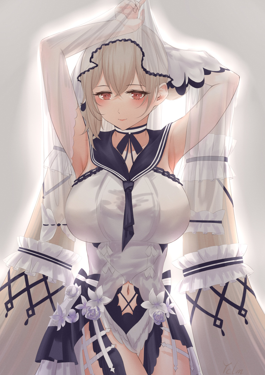 1girl absurdly_long_hair absurdres armpits arms_behind_head azur_lane black_choker black_neckwear black_sailor_collar bow_dress breasts choker clothing_cutout dress dress_flower feather_dress flower formidable_(azur_lane) formidable_(timeless_classics)_(azur_lane) grey_background hair_ornament highres huge_breasts ichikushi_mojibake long_hair looking_at_viewer navel_cutout official_alternate_costume platinum_blonde_hair red_eyes sailor_collar simple_background twintails two-tone_dress two-tone_ribbon veil very_long_hair white_dress white_flower