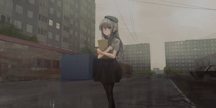 1girl absurdres bag beret black_headwear black_legwear black_skirt building car chihuri closed_mouth clouds cloudy_sky collared_shirt commentary_request eve_(chihuri) eyepatch feet_out_of_frame grey_eyes grey_hair grey_shirt ground_vehicle hat highres long_hair looking_at_viewer medical_eyepatch motor_vehicle object_hug original outdoors pantyhose paper_bag shirt short_sleeves skirt sky solo very_long_hair walking