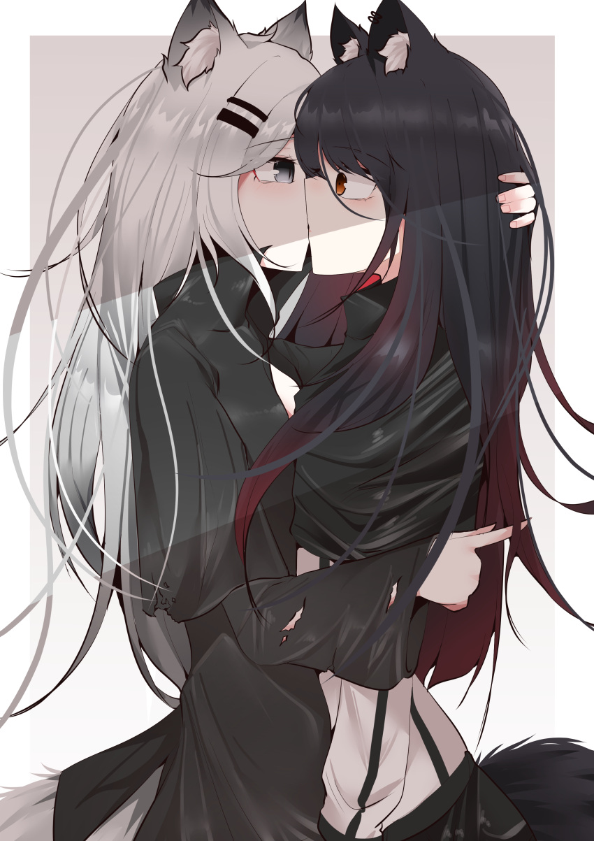 2girls absurdres animal_ear_fluff animal_ears arknights black_coat black_hair black_shorts coat commentary dated_commentary eyebrows_visible_through_hair gradient_hair hair_ornament hairclip hand_on_another's_head highres kiss lappland_(arknights) long_hair multicolored_hair multiple_girls playing_with_another's_hair redhead samip shirt shorts surprised tail texas_(arknights) torn_sleeve upper_body white_hair white_shirt wolf_ears wolf_girl wolf_tail yuri