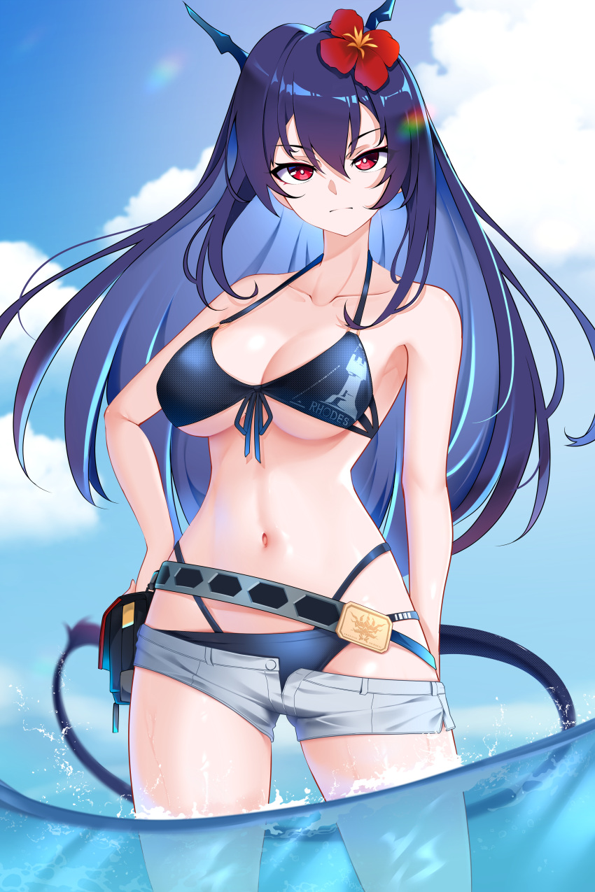1girl absurdres arknights belt bikini blue_bikini blue_hair blue_sky breasts ch'en_(arknights) closed_mouth clothes_pull clouds cloudy_sky collarbone cowboy_shot flower front-tie_bikini front-tie_top hair_between_eyes hair_flower hair_ornament hand_on_hip highres horns large_breasts long_hair looking_at_viewer navel red_eyes shorts shorts_pull sky solo swimsuit tail wading water z.taiga