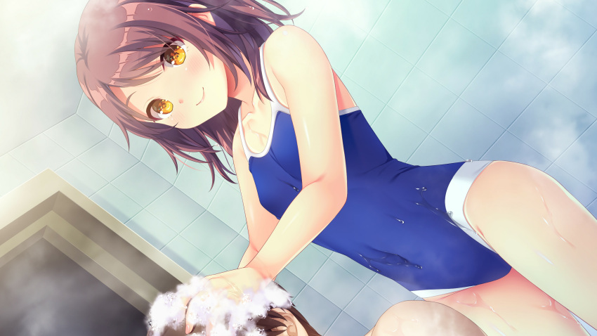 1boy 1girl bangs bare_shoulders bathroom blue_swimsuit blush breasts brown_hair closed_mouth courreges_ace dutch_angle game_cg hajilove_-making_lovers- highres indoors night non-web_source school_swimsuit shinohara_kouta short_hair small_breasts smile solo_focus standing swimsuit tanabe tile_wall tiles yellow_eyes