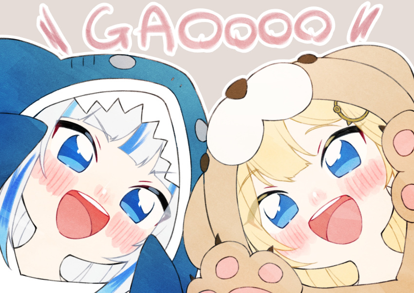 2girls absurdres animal_hood blonde_hair blue_eyes blue_hair blue_hoodie blush commentary_request english_text flippers gawr_gura gloves grey_background hair_ornament hands_up highres hololive hololive_english hood hood_up hoodie huge_filesize lion_hood looking_at_viewer monocle_hair_ornament multicolored_hair multiple_girls neru_(flareuptf1) open_mouth paw_gloves paws shark_hood sharp_teeth silver_hair simple_background streaked_hair teeth tongue upper_body upper_teeth watson_amelia yellow_hoodie